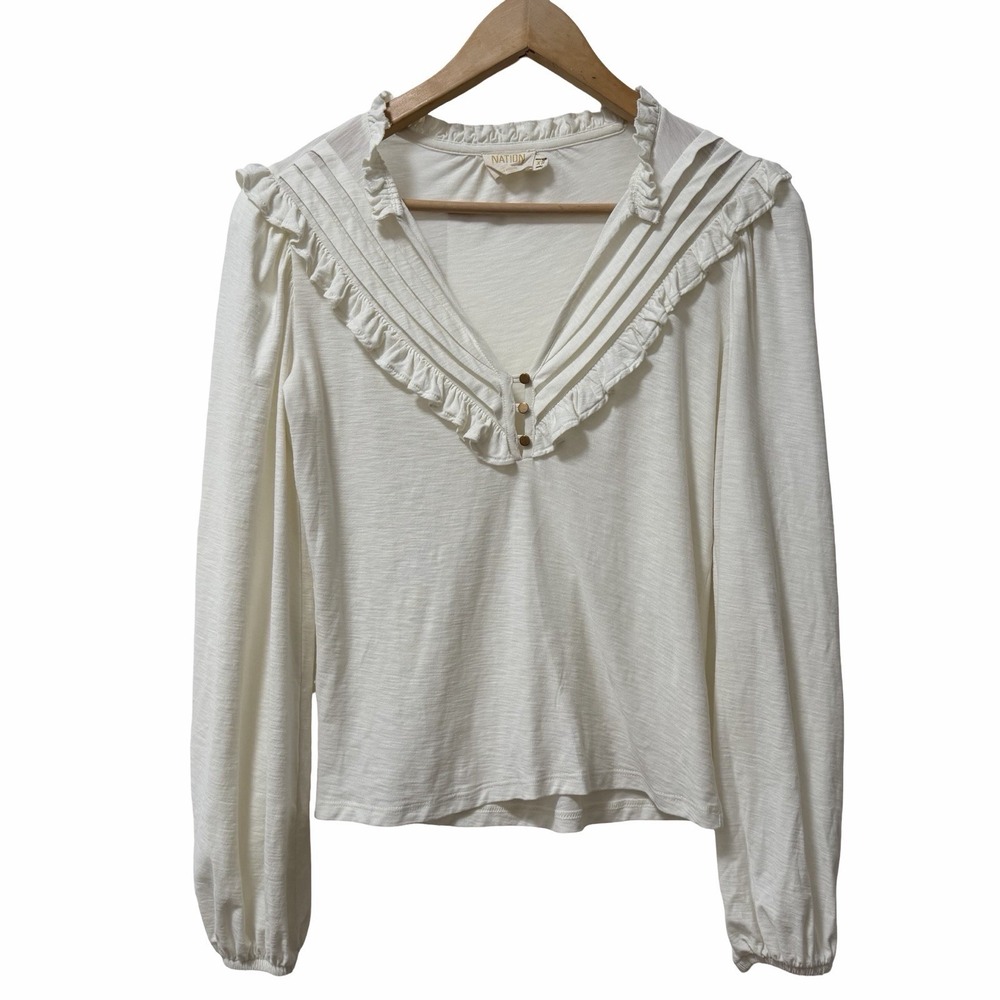 Nation LTD Quintana Yoked Peasant Ruffle Top Size XS White Feminine Prairiecore